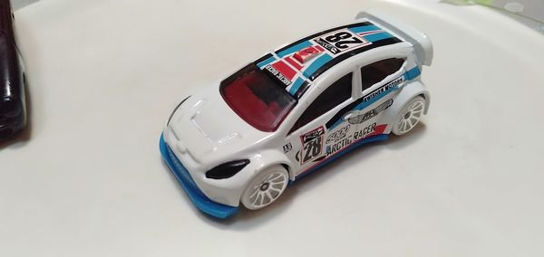 High angle view of toy car on white background