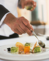 Midsection of person preparing food in plate