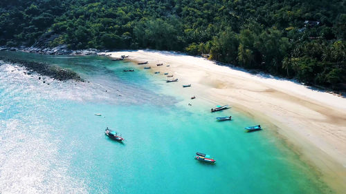 High angle view of boats on shore at beach