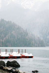 Scenic view of mountains in foggy weather