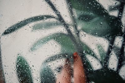 Close-up of wet glass window in rainy season