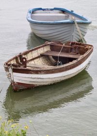 High angle view of boat moored in lake