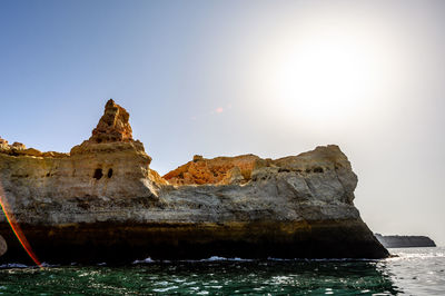 Rock formations in sea against clear sky