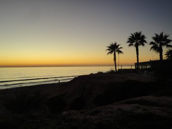 Silhouette of palm trees on beach against sky at sunset