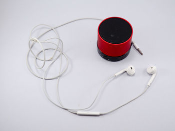 High angle view of drink on table against white background