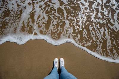 Low section of man standing on beach