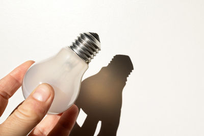 Close-up of hand holding light bulb over white background