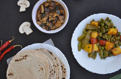 High angle view of breakfast served on table