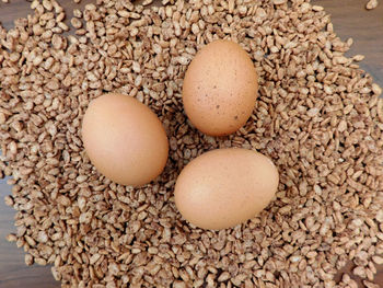 Close-up high angle view of eggs and cereals