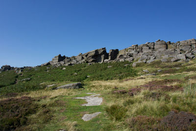 Low angle view of rocks on field against clear blue sky