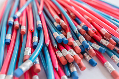 High angle view of colored pencils on table