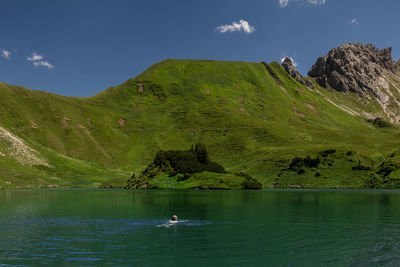 Scenic view of lake and mountains against sky