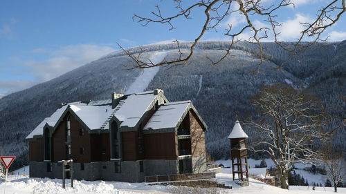 Houses on snowcapped mountain against sky