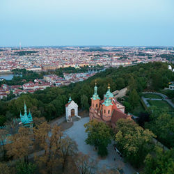 High angle view of townscape against sky in city