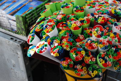 High angle view of flowers for sale at market stall