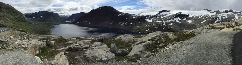 Panoramic view of snowcapped mountains against sky