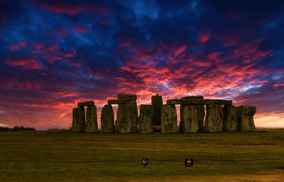 Castle on field against sky during sunset