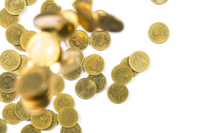 High angle view of coins