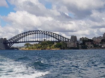View of bridge over river against cloudy sky