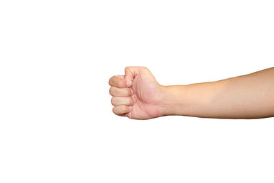 Close-up of human hand against white background