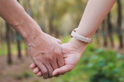 Close-up of couple holding hands in forest