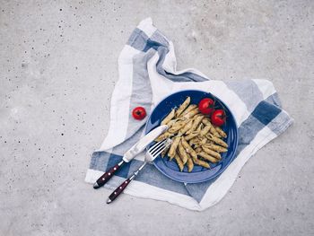 High angle view of pasta in bowl on table