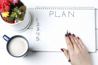 High angle view of coffee cup on table