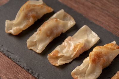 High angle view of meat in plate on table