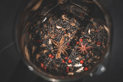 High angle view of berries on glass