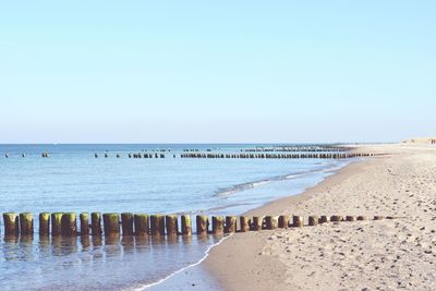 Wooden posts in sea against clear sky