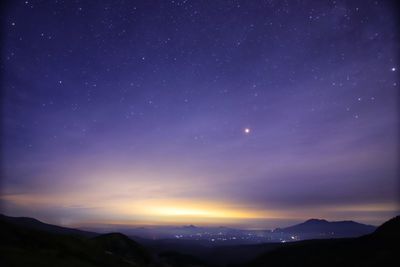 Scenic view of mountains against sky at night