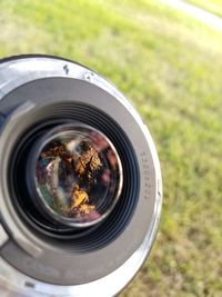 Close-up of camera on field