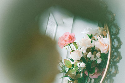 High angle view of pink roses in vase