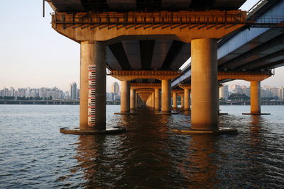 Underneath of bridge over river in city
