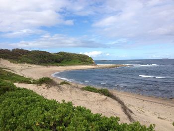 Scenic view of beach against cloudy sky