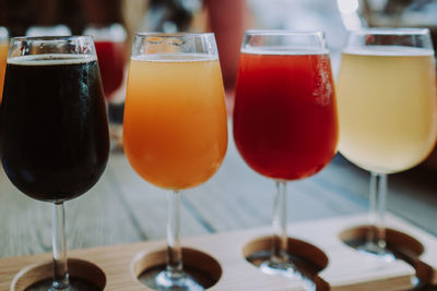 Close-up of wine glasses on table