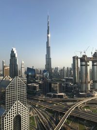 View of skyscrapers against clear sky