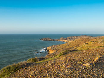 Scenic view of sea against clear blue sky