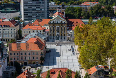 High angle view of buildings in city