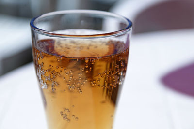 Close-up of beer glass on table