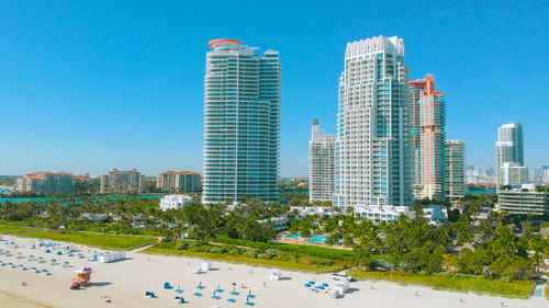 Panorama of south beach, miami beach, south pointe park, government canal. florida. aerial view.