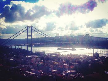 Suspension bridge over river