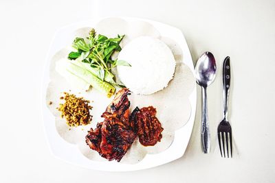 High angle view of breakfast served on table