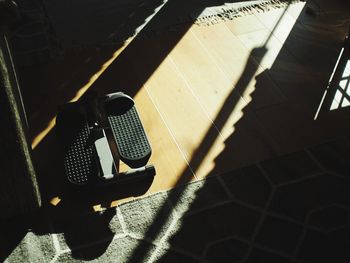 High angle view of telephone on table