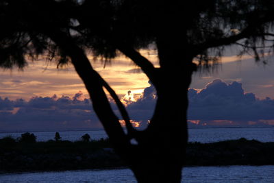 Silhouette hand by sea against sky during sunset