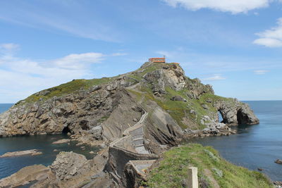 Scenic view of sea and rock formation against sky