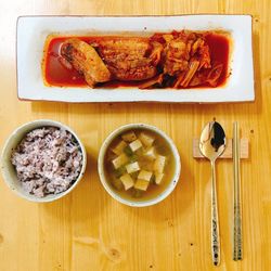 High angle view of food in plate on table