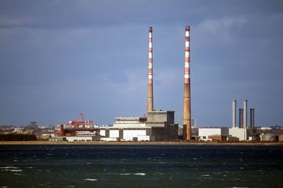 Industrial district by river against the sky