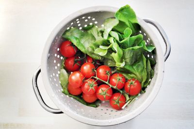 High angle view of vegetables in colander