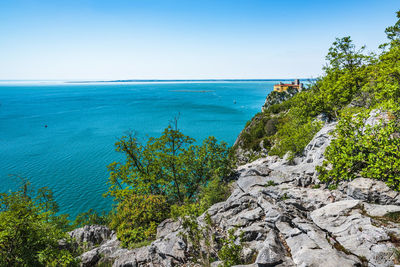 Scenic view of sea against clear blue sky